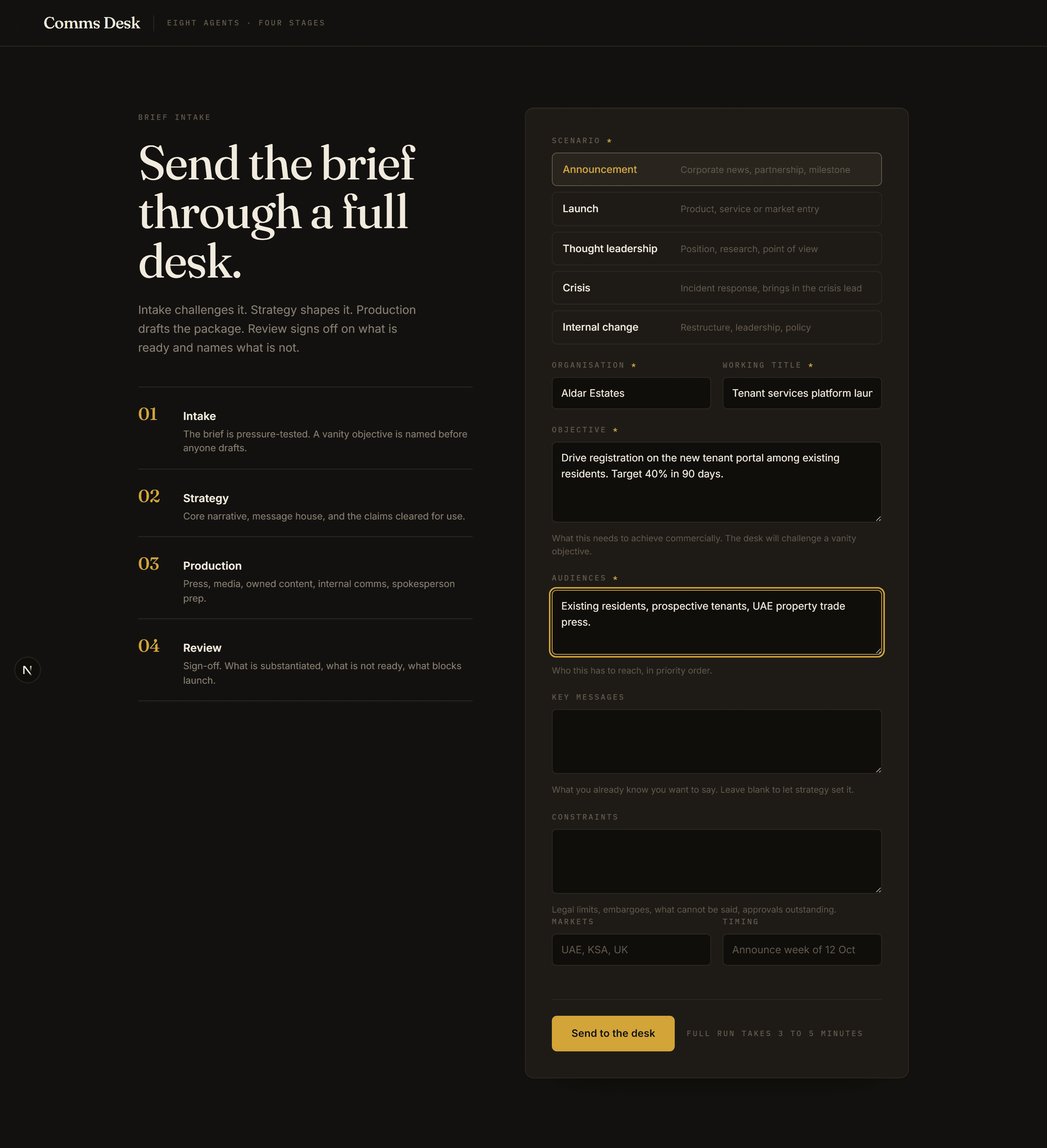 Comms Desk brief form: an editorial two-column layout with the four-stage pipeline on the left and the brief fields on the right