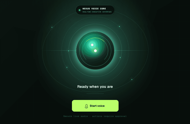 The NEXUS voice core: a realtime executive interface showing a listening state with the prompt Ready when you are and a Start voice control
