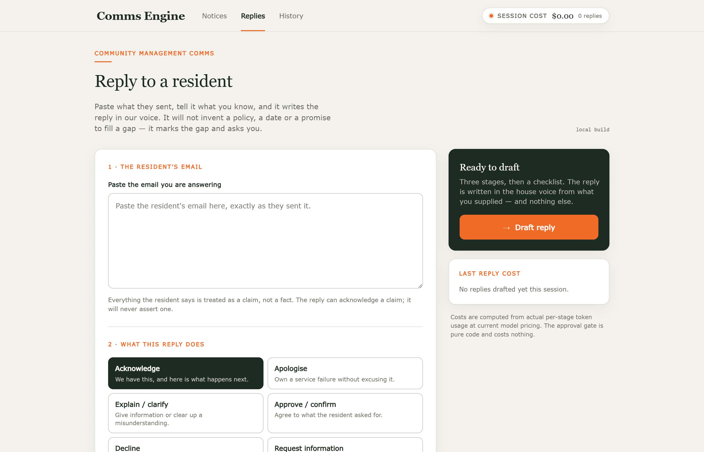 The Reply Tool form showing the resident's email field and the reply intent options