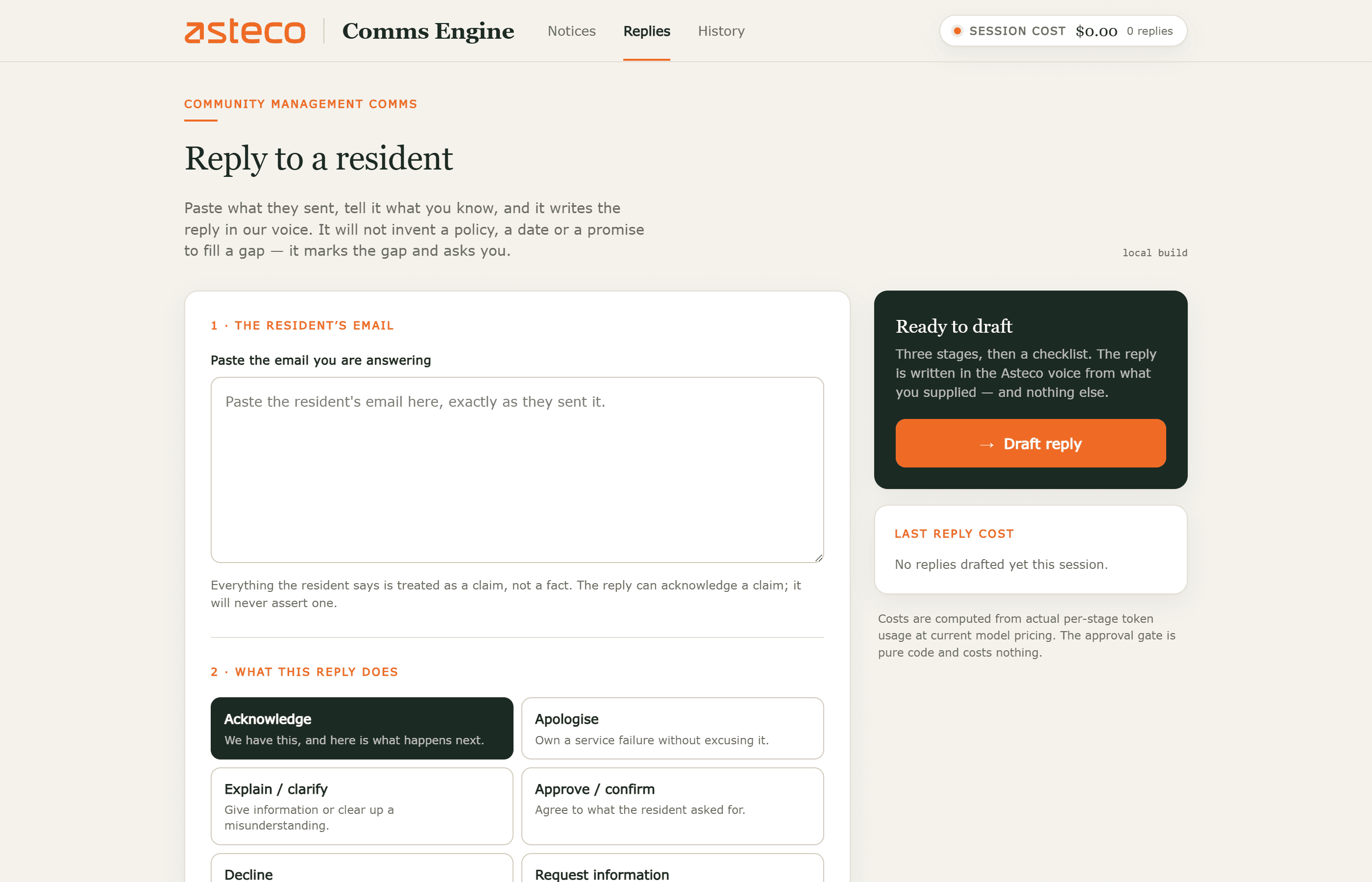 The Reply Tool form showing the resident's email field and the reply intent options