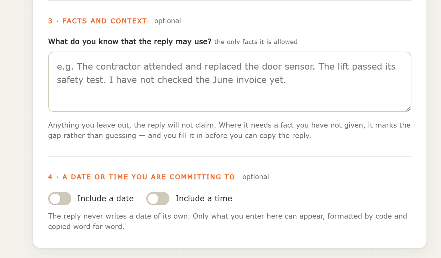 The facts and context field, labelled as the only facts the reply is allowed, above the optional date and time commitment toggles