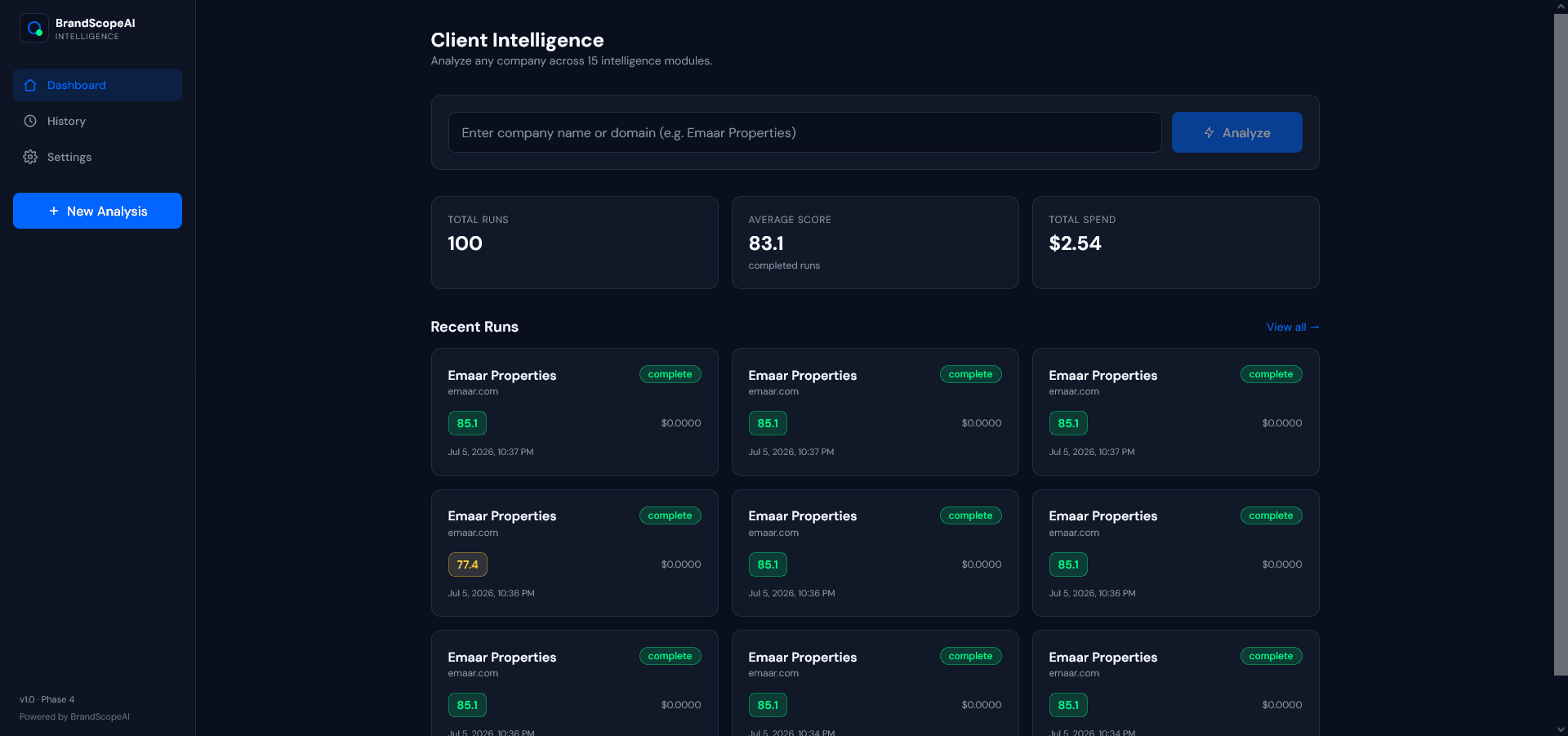 BrandScopeAI dashboard showing recent intelligence runs with company names, scores, and status